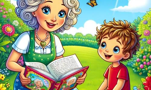 In a sunny garden, a teacher named Miss Lily, a woman in her fifties with curly hair and sparkling blue eyes, is sitting on the green grass. She is smiling warmly, holding an open book in her hands, surrounded by colorful flowers swaying in the breeze. Next to her, a little boy named Timmy, 7 years old with messy brown hair and curious eyes, is sitting cross-legged, listening attentively. He is wearing a red t-shirt and blue shorts, with a big smile on his face, captivated by Miss Lily's stories. The garden is filled with bright colors, with butterflies flying around the flowers and a light blue sky dotted with fluffy white clouds. In this scene, Miss Lily enthusiastically shares memories from her class, while Timmy, amazed, dreams of becoming a teacher like her, ready to explore the world of books and learning.