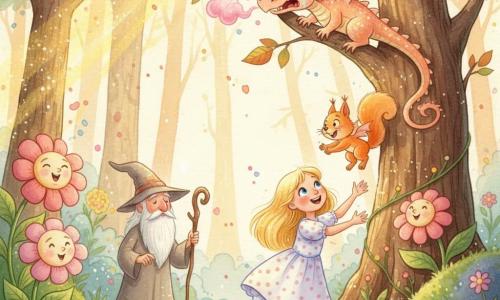 A small dragon named Sparkleflame, pearlescent peach with shiny scales and semi‑translucent wings, looks both frightened and comical—wide wet eyes, a snout steaming like cotton candy, wings tangled in branches near the top of a tree; Lily, about nine, with bright blond hair and a light polka‑dot dress, reaches up gently from the tree base, brave and compassionate; Nutkin the squirrel, small with bright rust fur and a mischievous look, climbs the trunk to free the dragon, claws gripping the bark; Merlin, an old man with a long white beard and a worn pointed hat, watches a few steps away holding his wand, kindly and mysterious; the scene is in an enchanted forest of shimmering multicolored leaves, large singing flowers, soft moss and lichen‑covered stones, golden sunbeams dappling the clearing — a tender, comic rescue as the squirrel climbs while the dragon’s wings stay stuck, Lily encourages, and Merlin watches in a luminous, slightly surreal atmosphere.