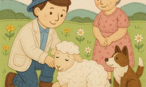 Um jovem veterinário de rosto redondo e sorriso suave, cabelos castanhos curtos e boné azul torto, ajoelhado a examinar uma pequena ovelha chamada Lili — lã muito densa branca com manchas creme e olhos negros um pouco tristes, cabeça apoiada nas patas —; a senhora D. Rosa, de meia-idade, com vestido simples de flores rosas e cabelos grisalhos presos em coque, de pé atrás com as mãos juntas e olhar aliviado; um cão pastor marrom e branco sentado observando; tudo num campo verde com flores amarelas e margaridas, céu azul pálido e colinas suaves, textura de tecido com pontos de costura e contornos costurados visíveis; cena calorosa centrada no contato entre as mãos do veterinário e a cabeça de Lili, em paleta de cores pastel.