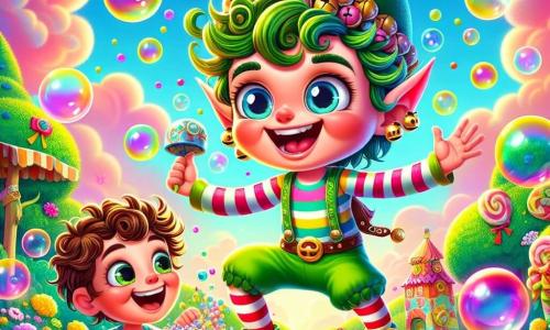 Un follet di nome Lillo, con capelli verdi arruffati e un grande sorriso malizioso, indossa un cappello a punta decorato con campanellini che tintinnano ad ogni movimento. Danza gioiosamente su una panchina di legno, circondato da bolle di sapone scintillanti che fluttuano attorno a lui. Accanto a lui, un ragazzo di dieci anni di nome Tito, con capelli castani ricci e occhi brillanti di malizia, ride a crepapelle. Indossa una maglietta a righe colorate e pantaloni di denim, tenendo una scatola misteriosa che emette bolle multicolori. Tito è in piedi di fronte a Lillo, pronto a svelare il suo prossimo trucco. Lo scenario è un parco incantato a Zampettopoli, con alberi fatti di caramelle e fiori dai colori vivaci. Il cielo è pieno di nuvole morbide e rosa, mentre un arcobaleno di coriandoli illumina la scena. La situazione principale mostra Lillo e Tito in una competizione di barzellette, ognuno cercando di far ridere l'altro con trucchi magici e sorprese divertenti, creando un'atmosfera gioiosa e scintillante di risate e colori.