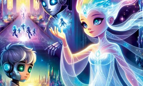 An illustration depicts a luminous being, a fantastical creature made of light and shadow, gracefully floating above a futuristic city. Its eyes, like sparkling galaxies, convey deep determination and radiant hope. It raises a hand, emitting a bright glow that illuminates its face and surroundings. Nearby, a mechanical boy with shiny metallic skin and glowing eyes watches with a mix of wonder and concern, holding a small technological device ready to assist. A sorceress, a girl in flowing robes of changing colors, stands beside him, her face marked by focus and determination, wielding a magic wand that sparkles with energy, ready to cast a spell. The main setting is a grand hall adorned with iridescent crystals, where light and shadow blend in a dazzling display. Shimmering walls reflect the vibrant colors of the characters, creating a magical and futuristic atmosphere. The central moment shows the three characters uniting their powers to conjure powerful magic, illuminating the hall with a bright light to fend off the darkness threatening their world. Additional graphic elements include bursts of light, dancing shadows, floating magical symbols, and a dynamic ambiance that evokes tension and hope for a united future.