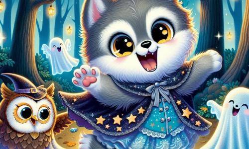 An illustration depicts a small wolf with fluffy gray fur and sparkling yellow eyes full of excitement. It wears a beautiful midnight blue cape adorned with shimmering stars and a silver wolf-shaped mask, showing a big joyful smile as it dances under the moonlight. Beside it, a small owl with brown feathers and large round eyes, expressing sparkling curiosity, hovers slightly above the ground, its wings spread, ready to explore the unknown. A group of cheerful ghost rabbits, with translucent bodies and colorful costumes, float around them, laughing and dancing with enthusiasm. The main setting is an enchanted forest, where tall trees with gnarled trunks rise toward the starry sky, their twisted branches casting mysterious shadows on the ground covered with golden leaves. Fireflies twinkle in the cool air, adding a magical touch to the nighttime atmosphere. The main scene shows the small wolf and its friends joyfully dancing around a sparkling treasure chest filled with colorful candies and Halloween treats as they discover the wonders of the night. Other graphic elements include smiling pumpkins scattered throughout the forest, bright stars in the sky, and a festive, mysterious ambiance that evokes the spirit of Halloween.