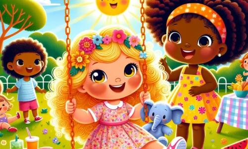 In un parco soleggiato, una bambina di 4 anni di nome Mia, con capelli biondi e ricci e un sorriso splendente, gioca su un'altalena. Indossa un vestito rosa a fiori e i suoi occhi brillano di eccitazione mentre invita i suoi amici a unirsi a lei. Accanto a lei, Amina, un'altra bambina di 4 anni di origine africana con capelli crespi e un bel sorriso, tiene in mano un pupazzo d'elefante. Indossa un vestito colorato e guarda Mia con gioia, pronta a giocare. Il parco è pieno di verde, con alberi maestosi, fiori colorati e bambini che ridono e giocano intorno a loro. In lontananza, si vede un tavolo da picnic con piatti di diverse culture, aggiungendo un tocco di diversità alla scena. La situazione principale mostra Mia e Amina che giocano insieme, ridendo e condividendo storie sulle loro culture, illustrando così la bellezza dell'amicizia e della diversità.