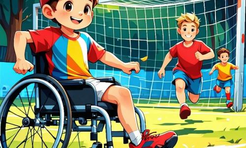 Um garoto de 6 anos chamado Miguel, com cabelos castanhos e olhos brilhantes de alegria, está sentado em sua cadeira de rodas, com um grande sorriso no rosto. Ele usa uma camiseta colorida e um short, e está defendendo o gol durante uma partida de futebol com seus amigos. Ao lado dele, um garoto de 6 anos chamado João, com cabelos loiros e um boné vermelho, corre entusiasticamente em direção à bola, com os braços levantados em sinal de incentivo. Ao fundo, um grupo de crianças de diferentes idades e origens brinca alegremente em um parque verdejante, repleto de árvores com folhas brilhantes e flores coloridas que dançam ao vento. A cena mostra Miguel em plena ação, realizando uma bela defesa com sua cadeira de rodas, enquanto seus amigos o incentivam com gritos de alegria, ilustrando o espírito de inclusão e amizade que permeia este momento mágico.