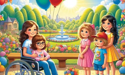 Em um parque ensolarado, quatro meninas estão em círculo, sorrindo calorosamente. Clara, de 10 anos, está em uma cadeira de rodas colorida, com cabelos castanhos e óculos, segurando um balão vermelho. Ao lado dela, Sofia, de 9 anos, com cabelos loiros cacheados e um vestido rosa, olha para Clara com carinho. Lúcia, de 10 anos, com cabelos negros e lisos, usa uma camiseta azul e segura uma caixa decorada com desenhos coloridos. Por fim, Ana, de 9 anos, com cabelos castanhos e um boné, sorri segurando um balão verde. O parque é cheio de flores coloridas, árvores majestosas e um céu azul com nuvens brancas. No centro, um grande banco de madeira decorado com guirlandas de flores cria uma atmosfera alegre e tranquila. As meninas se preparam para soltar balões coloridos no céu, cada um com uma carta para o avô de Clara, celebrando suas memórias e seu amor por ele.
