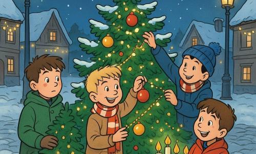 Sunt patru băieți: Andrei, 10 ani, păr brun dezordonat, obraji roșii de frig, palton verde gros, ține un brad mic în stânga; Radu, 11 ani, păr blond scurt, fular roșu-alb în dungi, zâmbet luminos, agață globuri colorate în centru; Mihai, 10 ani, păr negru, căciulă albastră, cizme murdare, oferă ghirlande sclipitoare, puțin în dreapta, în spatele lui Radu; Alex, 9 ani, păr castaniu, geacă roșie, ține o cutie cu lumânări, în fața dreaptă, pregătit să pună ultima lumânare. Locul: o piațetă de sat înzăpezită noaptea, case de lemn cu țigle încărcate de zăpadă, felinare vechi cu lumină caldă, ghirlande între fațade, cer înstelat. Situația: copiii împodobesc un brad mare în centru, ramuri verzi acoperite ușor de zăpadă, luminițe care sclipesc, globuri roșii și aurii reflectând fețele, lumânări neridicate încă; atmosferă caldă și festivă, expresii vesele și colaborative, stil clar, linii nette, culori vii și contraste, perspectivă simplă potrivită pentru copii.