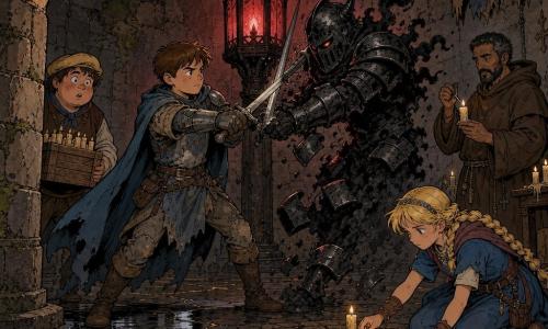Hoofdfiguur: Sir Roderik, jonge ridder met vastberaden kalme blik, korte bruine haren, eenvoudige versleten maliënkolder en blauwgrijze mantel, houdt zijn zwaard paraat in een waakzame houding. Nevenfiguren: Linde, ongeveer 14, klein en levendig, blond gevlochten haar, knielt rechts van Roderik en plaatste een klein brandend kaarsje tussen stenen; Broeder Aram, circa 45, bruine monnikspij, kort peper-en-zoutbaardje, handen ruw, steekt achteraan een kaars aan; Puck, jongen rond 20, mollig, pet, verraste maar moedige blik, houdt een kist met kaarsen achter een zuil links. Antagonist: de Zwarte Ridder, holle zwarte pantserfiguur met helm en gloeiende rode ogen, pantser als samengeperste rook dat vervliegt en lege metalen platen die afvallen. Locatie: ronde stenen torenkamer met vochtige bestrating, mos op muren, een hoge zwarte metalen lantaarn in het midden die een vuilrode gloed verspreidt, wenteltrap en gelooide schilden in nissen, enkele scheuren waar gouden stralen doorschijnen. Situatie: dynamische duelscène — Roderik pareert een aanval van de Zwarte Ridder terwijl Linde en Aram drie kaarsjes in grondroosters plaatsen en aansteken; de centrale lantaarn werpt een donkere rode schaduw die uiteenvalt onder het warme gouden kaarslicht, gespannen sfeer, contrasterende warme en koude belichting, rondvallend steenpuin en dorre bladeren.