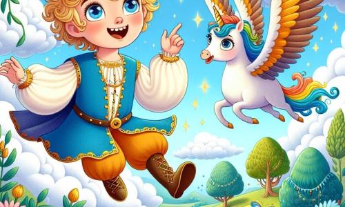Prins Lino, een jonge jongen met blond, krullend haar, draagt een blauwe tuniek versierd met gouden details en een iets scheve kroon. Hij heeft een grote glimlach op zijn gezicht, vol verwondering, terwijl hij door de lucht zweeft, omringd door donzige wolken. Naast hem vliegt het kleine vogeltje Pip, een kleurrijke vogel met heldere veren, vrolijk rond, met sprankelende nieuwsgierige ogen. Onder hen strekt zich een prachtig landschap uit: een uitgestrekt veld met kleurrijke bloemen, een glinsterend meer als diamanten en een mysterieuze bossen met majestueuze bomen waarvan de bladeren in de zon glanzen. De hoofdscène toont Lino en Pip in volle vlucht, terwijl ze een betoverende wereld ontdekken en zich voorbereiden om een klein eenhoorn dat vastzit in een haag te helpen, wat de geest van avontuur en vriendschap van het verhaal illustreert.