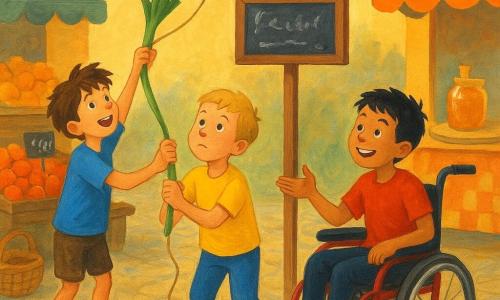 Drei Jungen, etwa 8 Jahre alt: Ben mit zerzausten braunen Haaren und blauem T‑Shirt steht links auf einer Holzkiste und reicht einen langen grünen Lauch nach oben, Oskar mit kurzen blonden Haaren und gelbem T‑Shirt steht in der Mitte und hält die Basis der Schnur, Sami mit schwarzen Haaren sitzt rechts im roten Rollstuhl, trägt ein rotes T‑Shirt und lächelt ermutigend; Schauplatz ein belebter Morgenmarkt mit gepflastertem Weg, bunten Obst- und Gemüseständen, Holzschild mit Kreidepreisen, Wimpelgirlande und sanftem Wind — die blaue Kugel steckt auf dem Schild fest, die Kinder versuchen sie mit dem Lauch herunterzuholen, komische, leichte Atmosphäre.