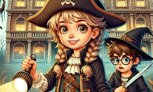 Ein 10-jähriger Junge mit zerzausten braunen Haaren und neugierigen Augen steht vor einer alten, spukenden Villa. Er trägt ein Piratenkostüm mit einem Filzhut und einem Plastiksäbel und zeigt ein breites Lächeln, das Aufregung und ein wenig Angst ausstrahlt. Neben ihm steht ein 10-jähriges Mädchen mit langen, geflochtenen blonden Haaren, das ein schwarzes Hexenkostüm mit einem spitzen Hut trägt und mit weit aufgerissenen Augen voller Begeisterung und ein wenig Furcht um sich schaut. Ein 10-jähriger Junge mit runden Brillen und kastanienbraunen Haaren steht etwas abseits und hält eine Taschenlampe, die den Weg beleuchtet; sein Gesicht zeigt leichte Nervosität, aber auch Entschlossenheit. Die Szene spielt vor einer großen, alten Villa mit verfallenen Wänden und staubigen Fenstern, umgeben von einem wilden Garten, in dem trockene Blätter im Wind wirbeln. Schatten tanzen an den Wänden des Hauses und schaffen eine geheimnisvolle und faszinierende Atmosphäre. Die drei Freunde stehen vor der Eingangstür der Villa, mit klopfendem Herzen, bereit, in das Unbekannte einzutreten, während ein leises Klaviergeräusch von innen zu hören ist, das sie dazu anregt, die Geheimnisse dieses spukenden Hauses zu entdecken.