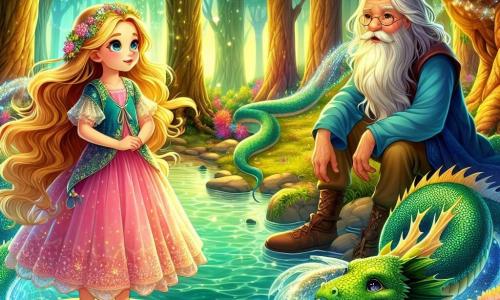 Una principessa di nome Aurora, di circa 12 anni, si trova sulla riva di un scintillante Fiume dei Desideri. I suoi lunghi capelli dorati fluttuano dolcemente nel vento e i suoi occhi brillano di meraviglia e determinazione. Indossa un vestito rosa decorato con fiori delicati e il suo viso esprime una dolce curiosità. Accanto a lei, un vecchio saggio con una lunga barba bianca, di circa 70 anni, è seduto su una pietra liscia. Indossa una tunica blu e un cappello a punta, e guarda Aurora con un sorriso benevolo, pronto a offrirle preziosi consigli. Un drago d'acqua dalle squame scintillanti emerge dal fiume, i suoi occhi brillano di saggezza, pronto ad ascoltarla. Il luogo è una foresta incantata, con alberi maestosi e foglie verde smeraldo che danzano al vento. Fiori colorati coprono il terreno e il sole filtra tra i rami, creando bagliori di luce magica. La scena principale mostra Aurora, con le braccia tese verso il drago d'acqua, esprimendo il suo sincero desiderio di pace e armonia nel suo regno. L'atmosfera è pervasa da una dolce magia e da una luce dorata, simbolo di speranza e coraggio.