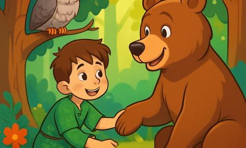 Un giovane di nome Luca, di circa 12 anni, si trova al centro della scena, con un grande sorriso luminoso sul volto. Ha capelli castani e occhi pieni di curiosità, indossa una tunica verde decorata con motivi floreali e pantaloni beige. È accovacciato, tendendo la mano verso un grande orso bruno dal pelo morbido e lucente, che lo guarda con occhi pieni di gratitudine e fiducia. Vicino a lui, un vecchio gufo saggio, con piume grigie e occhi dorati, è posato su un ramo, osservando la scena con un'espressione seria e benevola, pronto a dare consigli a Luca. La scena si svolge in una foresta incantata, con alberi maestosi e foglie scintillanti come smeraldi al sole. Luca aiuta l'orso a liberarsi da una trappola, dimostrando coraggio e bontà. L'orso, grato, sembra pronto a diventare suo amico per la vita, mentre il gufo veglia su di loro, pronto a condividere la sua saggezza.