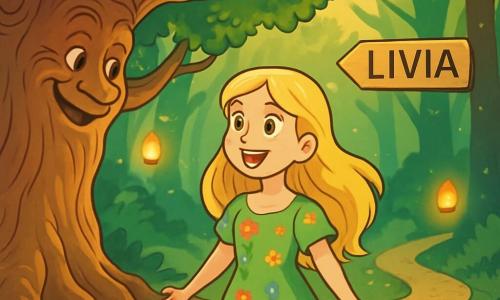 Una giovane donna di nome Livia, con lunghi capelli dorati e occhi pieni di curiosità, si trova al centro dell'immagine, il viso illuminato da un sorriso meravigliato. Indossa un vestito leggero verde, decorato con fiori colorati, che danza dolcemente con il vento. Alla sua destra, una maestosa quercia con un tronco contorto e rami allungati sembra parlarle con una voce dolce e rassicurante. Ai suoi piedi, petali scintillanti coprono il sentiero, creando un tappeto magico. Il paesaggio è un magnifico bosco incantato, dove i raggi di sole filtrano attraverso il fogliame, illuminando bagliori dorati e ombre danzanti. Piccole lanterne fluttuano intorno a loro, aggiungendo un tocco di mistero all'atmosfera. Livia si trova davanti a una scelta cruciale, osservando con meraviglia i tre sentieri che le si presentano: uno cosparso di petali brillanti, un altro avvolto nella nebbia azzurra e l'ultimo illuminato da lanterne scintillanti, ognuno promettendo un'avventura unica.