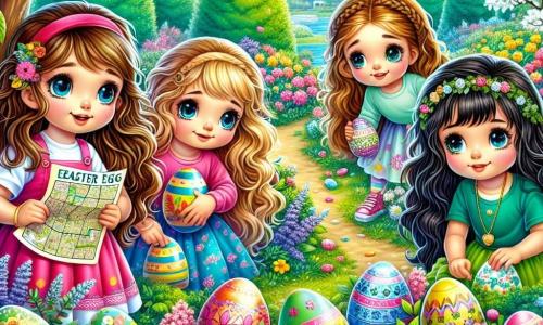 In un grande giardino colorato, quattro ragazze sono riunite. Sara, una ragazza di 8 anni con lunghi capelli castani e un vestito rosa, sorride tenendo una mappa del tesoro. Accanto a lei, Lila, una ragazza di 7 anni con capelli biondi ricci e un vestito giallo, indica un bel mazzo di fiori. Mia, una ragazza di 9 anni con capelli neri intrecciati e una maglietta blu, è accovacciata, esaminando un uovo nascosto sotto un albero. Infine, Zoe, una ragazza di 6 anni con capelli castani e una piccola gonna verde, è in piedi con un'espressione incantata, tenendo un grande uovo colorato. Il giardino è pieno di fiori brillanti, alberi verdi e un cielo blu soleggiato. Le quattro amiche sono in piena caccia alle uova di Pasqua, cercando con entusiasmo le uova nascoste tra i fiori, ridendo e incoraggiandosi a vicenda nella loro avventura.
