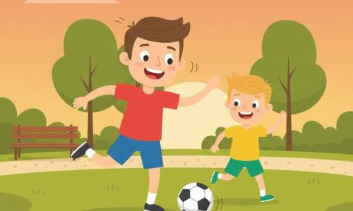 A smiling man (Tom) with short brown hair and bright eyes, wearing a red T-shirt and blue shorts, is kicking a black-and-white soccer ball while a blond 6-year-old boy (Sam) in a yellow T-shirt and green shorts runs toward the ball with arms slightly raised two steps to the man's right; both look at the ball on the grass in a sunlit park with a uniform green lawn, stylized round trees, a simple wooden bench to the left, a beige gravel path, and an orange-pink sunset sky casting soft shadows, creating a warm, calm atmosphere with visible laughter shown by small curved lines near their faces.