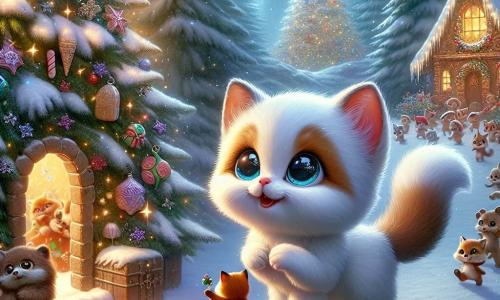 Un adorabile gattino bianco di nome Piumino, con un piccolo nasino rosa e grandi occhi curiosi, si trova davanti a un maestoso albero di Natale, con le zampe sollevate per meraviglia. Sorride ampiamente, le orecchie appuntite in segno di eccitazione mentre scopre un mondo magico. Accanto a lui, l'Orsetto Bruno, un morbido orso di peluche con pelliccia marrone e occhi brillanti di gioia, balla allegramente tenendo una ghirlanda luminosa. La Volpe Rossa, una volpe dal pelo ardente, si avvicina con un'aria birichina, tenendo un biscotto di Natale nella zampa, pronta a condividere la sua golosità. Il luogo è una foresta innevata, illuminata da stelle scintillanti e fiocchi di neve che cadono dolcemente. In lontananza, elfi gioiosi si affaccendano attorno a una piccola casa di pan di zenzero, decorata con caramelle colorate e ghirlande luminose. La scena principale mostra Piumino, meravigliato, mentre apre una piccola porta di legno alla base dell'albero, rivelando un mondo fatato pieno di luci e magia, mentre i suoi amici lo incoraggiano con grida di gioia.