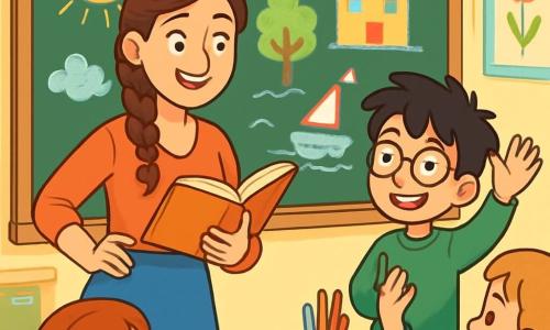 La escena muestra a la joven maestra, la señorita Lucía, una mujer sonriente de unos 30 años, con cabello castaño trenzado y ojos brillantes de alegría. Está de pie frente a una gran pizarra llena de dibujos coloridos, sosteniendo un libro abierto en una mano, su rostro irradia entusiasmo y orgullo. A su lado, Mateo, un niño de 9 años con gafas redondas y cabello negro desordenado, levanta la mano con una gran sonrisa, listo para compartir su historia. El fondo es un aula luminosa, con paredes pintadas de amarillo pastel, carteles educativos colgados y escritorios de madera coloridos, llenos de útiles escolares. La situación principal muestra a la señorita Lucía y sus alumnos preparando un festival de palabras, donde cada niño es animado a compartir sus propias historias, llenas de risas y entusiasmo, creando un ambiente alegre y colaborativo.