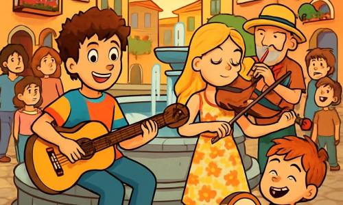 Lorenzo, un giovane con capelli castani e ricci, indossa una maglietta colorata e jeans casual. Sorride felicemente mentre suona la chitarra seduto sul bordo di una fontana. Accanto a lui, Elena, una ragazza dai lunghi capelli biondi e ondulati, indossa un vestito leggero a fiori e suona il violino con passione, gli occhi chiusi. Un uomo di mezza età con barba brizzolata e cappello di paglia suona il flauto, mentre un bambino con capelli corti batte il ritmo su un tamburello, tutto sorridente. La scena si svolge in una piazzetta pavimentata, circondata da edifici colorati con balconi fioriti, dove i passanti si fermano ad ascoltare la musica. Il sole tramonta all'orizzonte, proiettando ombre dorate. Lorenzo ed Elena, circondati dai loro amici musicisti, creano insieme una bella armonia musicale, mentre un gruppo di persone li ascolta con meraviglia, trasformando la piazza in un concerto improvvisato.