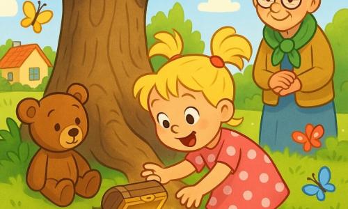 A joyful 4-year-old girl with blonde pigtails, a pink polka-dot dress and yellow boots leans to open a small wooden chest hidden among the gnarled roots of a large oak; a brown teddy named Benny sits on a root watching with shiny embroidered eyes and a stitched smile; a kindly grandmother in her 70s with gray hair in a bun, round glasses and a green scarf smiles proudly in the background by the trunk; the sunny village garden has green grass, colorful flowerbeds, butterflies and a pond; the chest reveals colorful marbles and a shiny whistle, warm light and expressions of wonder create a soft, happy atmosphere.