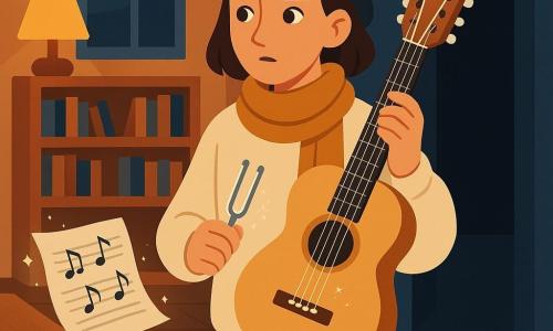 Luna, about 25, with a small dark bob, curious gentle expression, cream sweater and mustard scarf, stands in a doorway listening to an invisible hum while holding a light-wood guitar and a silver tuning fork. The guitar, partially on her shoulder with slightly shining strings, seems responsive; an animated sheet of music floats nearby with trembling glowing notes; the warm apartment—red woven rug, oak bookshelf, yellow lampshade casting round light, window with moonlight and wooden floor—contrasts with the dark blue hallway where the sound appears to come from.