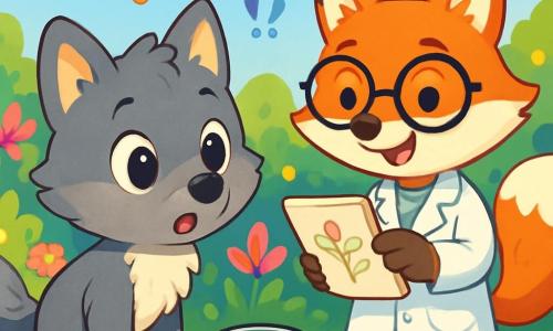 Un pequeño lobo de ojos brillantes y curiosos, con un pelaje suave y gris, se encuentra en el centro de la imagen, con el hocico temblando de emoción y las orejas erguidas, explorando un parque lleno de flores coloridas. A su lado, un zorro de pelaje rojo brillante, con gafas redondas y una bata blanca, observa atentamente un pequeño cuaderno de bocetos, sonriendo con entusiasmo por la aventura. Al fondo, un jardín exuberante se extiende, salpicado de flores de tonos vivos, como margaritas blancas, rosas rosas y violetas, bajo un cielo azul claro con nubes esponjosas. La escena muestra al lobo y al zorro descubriendo un pequeño tarro de pintura abandonado, con expresiones de sorpresa y curiosidad en sus rostros, mientras mariposas coloridas vuelan a su alrededor, añadiendo un toque de magia a esta exploración.