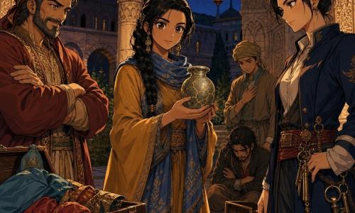 Nadira, mulher adulta de cabelos pretos trançados, olhar calmo e decidido, rosto suave e olhos grandes brilhantes, segura com compostura no centro da cena um pequeno pote reparado cujas fissuras estão cobertas por fios de ouro; veste um casaco ocre e um xale azul, postura serena e confiante. À esquerda, Rafiq, comerciante robusto de cerca de 45 anos com barba salpicada de branco e roupas em tons quentes, está de braços cruzados mas com o rosto amolecido, segurando uma caixa de tecidos parcialmente aberta. À direita, Samira, capitã de cerca de 35 anos com casaco azul-marinho e cinto com chaves, está ereta e orgulhosa, ombros relaxados, a mão próxima a um molho de chaves brilhantes, olhando para o pote. Ao fundo, o ladrão, homem magro de cerca de 30 anos com expressão envergonhada e sem seu anel verde, está sentado perto de um amontoado de caixas abertas, cabeça baixa e mãos sobre os joelhos. Um jovem guarda de cerca de 20 anos, de turbante simples, recua levemente com a mão no peito e expressão contrita. Local: pátio do conselho iluminado por lanternas de vidro colorido, paredes de pedra esculpida, tapetes orientais no chão, mesas de madeira e uma noite estrelada visível por um arco; momento de reconciliação e julgamento tranquilo, a luz das lanternas acaricia os rostos, atmosfera calorosa e clara, enquadramentos próximos para destacar emoções e o pote. Estilo visual: mangá detalhado, cores quentes (ocre, azul, vermelho), texturas ricas (pedra, madeira, tecido), expressões legíveis e poses narrativas claras.