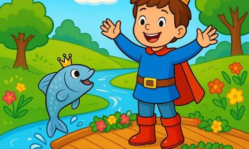 Ein junger Prinz namens Pipo, etwa 7 Jahre alt, steht fröhlich auf einer glänzenden Holzbrücke, seine Augen sprühen vor Neugier. Er trägt eine leicht schiefe goldene Krone und große rote Stiefel, die in der Sonne glänzen. Sein Gesicht strahlt vor einem breiten Lächeln, während er begeistert mit den Armen wedelt. Neben ihm taucht ein lauter kleiner silberner Fisch mit einer winzigen Krone aus dem Wasser auf, dessen Schuppen wie Sterne funkeln. Er wirkt sehr glücklich und hüpft mit einem schelmischen Ausdruck auf der Stelle. Im Hintergrund schlängelt sich der wunderschöne Fluss mit goldenen Reflexen durch eine zauberhafte Landschaft, umgeben von bunten Blumen und großen Bäumen mit leuchtend grünen Blättern. Die Brücke ist mit Girlanden aus bunten Blumen geschmückt, und der Himmel ist strahlend blau, gespickt mit fluffigen Wolken. Die Hauptszene zeigt Pipo, den Prinzen, der den Fisch fröhlich grüßt, bereit, die Brücke zu überqueren, um zum Lachen-Markt zu gelangen, während er die Höflichkeitsregel beachtet. Die Atmosphäre ist erfüllt von Lachen und Magie, was einen Moment der Freundschaft und Freude im verzauberten Königreich schafft.