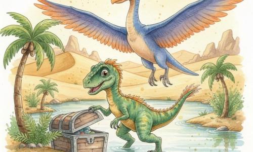 Un piccolo velociraptor gioioso, occhi lucenti e muso curioso, scaglie verde smeraldo con riflessi ambrati, si china per aprire un baule di pietra mezzo sommerso al bordo di un'oasi; in posa dinamica con una zampa sul coperchio, sorriso malizioso e ciuffi di piume sulla coda. Un grande quetzalcoatlus amichevole plana poco sopra, piume blu-violacee e arancioni, sguardo benevolo dalla riva vicina. Intorno piccole felci preistoriche e palme contorte con foglie umide e scintillanti; l'acqua dell'oasi è azzurro chiaro specchiante con riflessi acquerellati sul sabbia dorata bagnata. Sullo sfondo dune dorate ondulate e rocce sotto un cielo caldo di tardo pomeriggio, luci rasanti e ombre lunghe. Atmosfera: luminosa, dolce, curiosa e complice, toni pastello vividi e texture di pennello con dettagli infantili e adorabili.