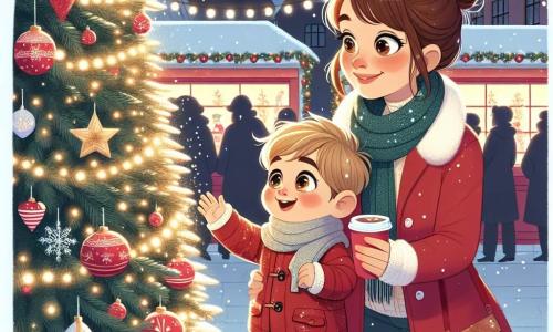 Een jongetje van 1 jaar met blond haar en roze wangen kijkt verwonderd naar een grote, glinsterende kerstboom. Zijn ogen stralen van vreugde en opwinding terwijl hij zijn hand uitsteekt naar een rode kerstbal die aan de boom hangt. Naast hem staat zijn moeder, een vrouw van ongeveer 30 jaar met bruin haar in een knot, die teder glimlacht terwijl ze een kop warme chocolademelk vasthoudt. Ze draagt een rode jas en leunt lichtjes naar haar zoon toe, terwijl ze dit magische moment deelt. De locatie is een charmante kerstmarkt, verlicht door lichtslingers en gevuld met kleurrijke kraampjes die lekkernijen en speelgoed verkopen. De sneeuw bedekt de grond en creëert een betoverende sfeer. De belangrijkste situatie toont het jongetje dat verwonderd is door de schoonheid van de kerstboom, terwijl zijn moeder hem aanmoedigt om de glinsterende versieringen te bewonderen, wat een warm en vrolijk gezinsmoment creëert.