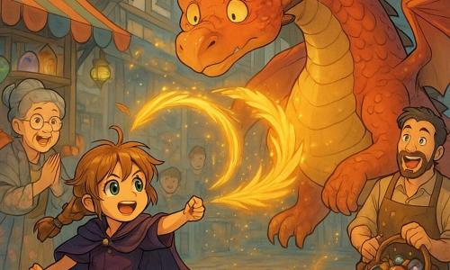A nine-year-old apprentice witch girl with light chestnut hair in messy braids and sparkling green eyes, smiling but focused, wearing a short dark purple patchwork dress and small cape, throws a braid of golden phoenix feathers toward a large floating dragon; the dragon is massive but gentle with red and gold scales, tired surprised eyes, legs folded like a balloon and an amused-astonished expression, hovering above a paved market square. Granny Hazel, about 70, with gray hair in a bun, round glasses, a floral dress and knitted shawl, claps joyfully at the left near a potion stall, while a bearded vendor of about 40 in an ink-stained apron laughs and steps back to the right holding a basket of glittering items, surrounded by amazed onlookers. Colorful wooden stalls, floating banners, hanging magical lanterns, glowing jars and enchanted fruit on tables, colored smoke and glowing glyphs on the ground set the scene. The central action shows the girl’s feather braid gently coiling around the dragon to bring it down, with dynamic movement, golden light sparks, clear expressions and gestures, an enchanting playful atmosphere, warm contrasting colors, detailed manga style and a bright joyful rendering.