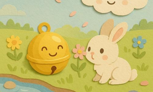 A small shiny faceted golden bell sits at the edge of a narrow clear-blue stream, tilted as if softly ringing; a fluffy white-and-beige rabbit with curious round eyes sniffs a flower beside it; a smiling cottony cloud floats low to the right, watching; the scene is a calm spring morning in a pastel meadow with green grass, scattered pink, yellow and blue flowers, a pale yellow sun, soft shadows and paper-cut textures, warm gentle light and floating petals.