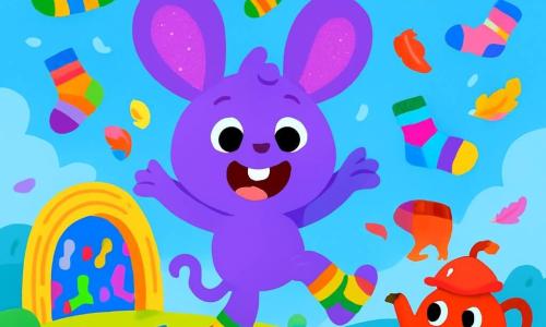 Flippy, a purple character with large sparkling ears and a noodle-shaped tail, jumps for joy with a big beaming smile on his face. He wears colorful socks that dance around him. Next to him, Sammy, a red sock with sparkling eyes and a mischievous little smile, twirls in the air, clearly delighted to jump. Pip, a small red teapot with a smiling spout, pours bubbles of tea that float around them, its eyes shining with happiness. The setting is a fantastical world filled with flying socks, colorful feathers floating in the air, and a bright blue sky. In the distance, a spaghetti portal opens to a show of dancing socks. The scene shows Flippy and his friends having fun together, surrounded by socks swirling joyfully in a whirlwind of colors and laughter.