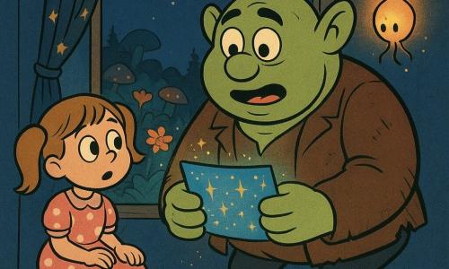 A large friendly ogre with an amazed, slightly anxious expression, pistachio-green soft skin, rounded ears and a bulbous nose, wearing a torn brown leather jacket and wooden boots, delicately holds a glowing blue-and-gold map; a six-year-old girl with light brown pigtails in a pink polka-dot dress sits on the left windowsill, hands on her knees, looking astonished at the ogre; two small living Night Lanterns—translucent egg-shaped forms with warm amber glow and filament legs—float to the ogre’s right, casting sparks; the scene is a child's bedroom opening onto Gigglewood at night—deep blue walls, starry curtains pulled aside, a window onto a forest of giant mushrooms and luminescent flowers, wooden floor with a striped rug—soft, magical atmosphere of wonder with warm light contrasts and blue moon reflections.