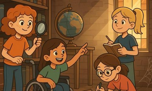 Four fearless friends stand in a dusty old library. Lucy, a 12-year-old girl with curly red hair and freckles, holds a magnifying glass and examines an old book on a shelf, her eyes sparkling with curiosity. Mia, a 12-year-old girl in a wheelchair with smooth brown hair and a bright smile, points at an ancient globe on a table, fascinated by the mysterious places it represents. Ella, a 12-year-old girl with blonde hair in a ponytail, holds a notebook and pen, ready to jot down ideas, standing by a dusty window with sunlight illuminating her face. Sophie, a 12-year-old girl with brown hair and glasses, crouches in front of a trapdoor, her expression focused as she examines the lock with a small tool. The setting is an old library with brick walls, shelves filled with worn books, and rays of light filtering through stained glass windows, with cobwebs in the corners adding a touch of mystery to the atmosphere. The main situation shows the friends discovering a hidden trapdoor under a rug, revealing a secret world below, filled with ancient objects and forgotten treasures, symbolizing their adventurous spirit and quest for mysteries to solve.