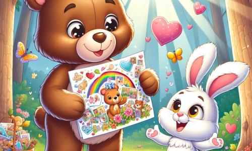 Ilustración que representa un pequeño oso de peluche, con pelaje marrón y ojos brillantes de alegría. Sonríe ampliamente, sosteniendo un collage colorido en sus patas, lleno de fotos y decoraciones, mostrando su emoción y amor. A su lado, un pequeño conejo de grandes orejas y pelaje blanco, que salta de alegría, con una sonrisa radiante en su rostro. Mira el collage con admiración, justo al lado del oso. La escena se desarrolla en un bosque encantado, con grandes árboles de hojas verdes y flores coloridas esparcidas por el suelo. Rayos de sol filtran a través de las ramas, creando un ambiente cálido y alegre. La situación principal muestra al oso presentando orgullosamente su regalo hecho a mano a su papá oso, con una expresión de anticipación y felicidad en su rostro. Elementos gráficos adicionales incluyen corazones flotantes alrededor de los personajes, mariposas coloridas en el aire y un cielo azul claro, añadiendo un toque de magia y amor a esta escena del día del padre.