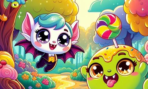 En el centro de la imagen, un pequeño vampiro llamado Vampi, con alas de murciélago multicolores y ojos chispeantes de alegría, está colgado de una rama de caramelo, riendo a carcajadas. Tiene la piel pálida y colmillos que no asustan, pero que añaden a su encanto. A su lado, Ziggly, una criatura redonda y verde con una gran trompa en forma de nariz, levanta los brazos al aire, listo para ayudarlo a liberarse. Ziggly tiene ojos dorados brillantes y una sonrisa contagiosa, mostrando su entusiasmo y determinación. El escenario es un hermoso bosque encantado, donde los árboles tienen troncos de caramelo y hojas de algodón de azúcar. Ríos de limonada burbujeante serpentean por el paisaje, y flores coloridas bailan al ritmo de una suave brisa. La situación principal muestra a Vampi, el vampiro, colgado de la rama, riendo alegremente, mientras Ziggly, con una expresión decidida, prepara un cojín de algodón de azúcar para que aterrice de manera segura. La atmósfera está llena de magia y camaradería, ilustrando el espíritu de aventura y amistad de la historia.