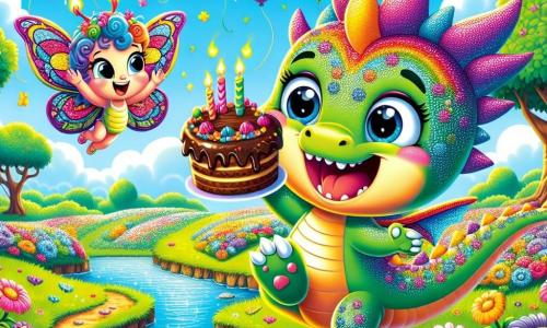 Un pequeño dragón llamado Dimi, con escamas brillantes de todos los colores del arcoíris, sonríe alegremente mientras sostiene un pastel de chocolate que salta en sus patas. Dimi tiene grandes ojos brillantes y una expresión de emoción en su rostro. A su lado, una mariposa llamada Lila, con alas coloridas y brillantes, baila con entusiasmo, riendo mientras sostiene flores vibrantes en sus pequeñas patas. En el fondo, un campo de flores multicolores se extiende bajo un cielo azul brillante, con árboles verdes y un arroyo reluciente. La escena muestra a Dimi y Lila preparando una sorpresa festiva para el gran dragón Rufus, que llega con una sonrisa maravillada, rodeado de globos flotantes y una atmósfera alegre.