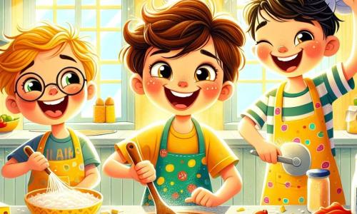 Em uma cozinha ensolarada, três meninos estão preparando uma pizza para o Dia dos Pais. Miguel, um garoto de sete anos com cabelos castanhos bagunçados e um grande sorriso, está no centro, usando um avental colorido. À sua direita, João, um menino de cabelos loiros e olhos brilhantes, espalha o queijo com entusiasmo. À esquerda, Pedro, um garoto de cabelos negros e óculos redondos, ri enquanto segura uma grande colher de molho de tomate, pronto para espalhá-lo na massa. A cozinha é iluminada, com paredes amarelas e janelas abertas que deixam entrar a luz do sol. Na mesa, ingredientes coloridos estão espalhados: tomates, azeitonas e pedaços de presunto, criando uma atmosfera alegre. Os três amigos se divertem criando uma pizza em forma de coração, simbolizando seu amor pelo pai. Risadas ecoam enquanto eles se atiram ingredientes e se cobrem de farinha, tornando a cena ainda mais viva e cheia de felicidade.