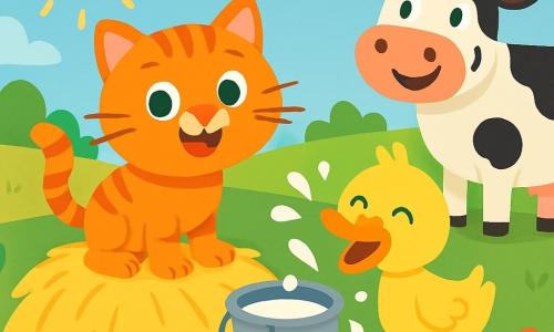 Um gato chamado Pipoca, com pelagem listrada laranja e olhos verdes brilhantes, está alegremente em cima de um monte de feno, com um grande sorriso no rosto. Ao lado dele, um pato chamado Quico, com penas amarelas e um bico laranja, espirra leite enquanto ri, enquanto uma vaca chamada Lila, com manchas brancas e pretas, está ao fundo, divertindo-se, com um grande sorriso no rosto. A cena acontece em uma fazenda ensolarada, com campos verdes, céu azul claro e flores coloridas ao redor. No centro da imagem, Pipoca se prepara para brincar de esconde-esconde, escondido atrás de um balde de leite derramado, enquanto Quico e Lila riem juntos, criando uma atmosfera alegre e lúdica.