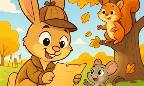 Benny Bunny, a small rabbit with big ears and soft brown fur, wears a detective hat and has a sparkling curious expression. He is crouched near a pile of autumn leaves, holding an old yellowed piece of paper in his front paws. Next to him, Squeaky, a small mouse with bright eyes and gray fur, looks on excitedly, her tiny paws raised as if she wants to touch the treasure. Penny, a squirrel with red fur and a bushy tail, smiles joyfully, sitting on a tree branch, watching her friends with enthusiasm. The scene takes place in a sunny park, with a majestic oak tree in the background, golden leaves gently falling to the ground, and children playing in the distance on a swing. Benny and his friends discover a mysterious clue, surrounded by vibrant colors and children's laughter, ready to solve the mystery ahead.