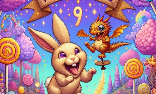An illustration depicts a small rabbit with large ears and soft, silky beige fur, expressing immense joy and curiosity. It is enthusiastically jumping, its eyes shining with excitement, in front of a magical carrot sparkling with gold and bright colors. Next to it is a small dragon-squirrel with shimmering scales and a bushy tail, wearing a mischievous smile and sparkling eyes, bouncing on a pogo stick and making a funny honking sound. In the background, a fantastical landscape features a vibrant purple sky dotted with cotton candy clouds, lollipop-shaped trees, and colorful flowers singing joyfully, creating a magical and playful atmosphere. The main scene shows the rabbit and its friends celebrating the start of the Laughter Festival, surrounded by funny creatures making amusing noises in a festive and joyful ambiance. Other graphic elements include colorful confetti floating in the air, bubbles of laughter escaping from the creatures, and a large wooden sign decorated in bright colors announcing the "Laughter Festival."