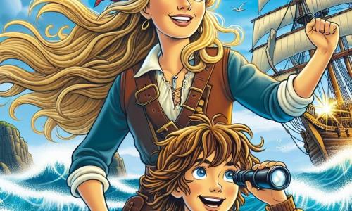 Op de voorgrond staat kapitein Lotte, een moedige vrouw van ongeveer 25 jaar, trots op de brug van haar schip, De Vliegende Dolfijn. Ze heeft lange blonde haren die in de wind waaien, een rode bandana op haar hoofd en een vastberaden glimlach op haar gezicht, terwijl ze een schatkaart in haar handen houdt. Naast haar staat Sam, haar beste vriend, een 12-jarig jongetje met rommelig bruin haar en sprankelende ogen van opwinding, die met een verrekijker de horizon in de gaten houdt, klaar om mogelijke vijanden te spotten. Op de achtergrond is de lucht helderblauw met witte wolken, terwijl glinsterende golven om het schip dansen, wat een avontuurlijke sfeer creëert. Lotte en Sam turen naar de horizon, vol verwachting om de Vergeten Archipel te ontdekken, met een glinstering van opwinding en anticipatie in hun ogen, klaar om alle gevaren te trotseren die op hun pad komen.