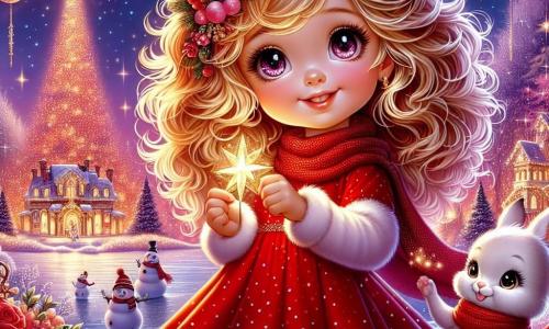 O fetiță de 6 ani, Ema, cu ochi mari și strălucitori și păr blond ondulat, zâmbește cu uimire. Ea poartă o rochie roșie cu buline albe și cizme din piele neagră, ținând în mâini o stea aurie strălucitoare. Lângă ea, un iepuraș alb cu blană pufoasă, purtând un fular roșu, îi face cu ochiul prietenos, stând pe picioarele din spate. Fundalul este un peisaj feeric de Crăciun, cu un cer plin de stele și fulgi de zăpadă roz și violet căzând ușor. Un brad mare, decorat cu ghirlande luminoase și globuri colorate, se află în spatele lor, iluminând scena cu o strălucire caldă. Ema și iepurașul sunt în mijlocul unui câmp de zăpadă strălucitoare, unde oameni de zăpadă zâmbitori dansează vesel în jurul lor. Situația principală o arată pe Ema, uimită, descoperind această lume magică și primitoare, pregătită să trăiască o aventură de neuitat.