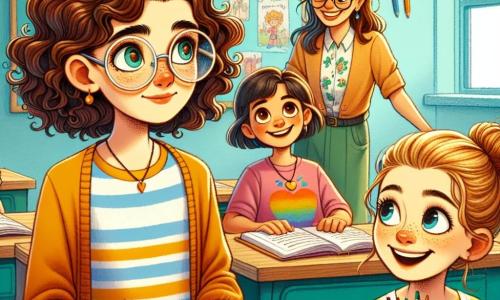 Een 11-jarig meisje, Emma, met krullend kastanjebruin haar en nieuwsgierige ogen, staat in het midden van de afbeelding, met een bezorgde maar vastberaden uitstraling, terwijl ze een notitieboekje vasthoudt. Ze zit aan een houten klaslokaaltafel, omringd door verspreide kleurpotloden, en denkt na over een verhaal over eerlijkheid en leugens. 

Aan haar rechterkant moedigt haar beste vriendin Noor, ook 11 jaar oud, met steil blond haar en een brede glimlach, haar enthousiast aan, leunend naar haar toe met haar handen op de tafel. Noor draagt een kleurrijk t-shirt en ronde brillen die haar charme versterken. 

Hun lerares, juffrouw Anouk, een vrouw van rond de dertig met bruin haar in een knot en een bril, staat voor de klas en kijkt met een vriendelijke blik naar de leerlingen, klaar om hen te begeleiden in hun project. 

De scène speelt zich af in een heldere klaslokaal met lichtblauwe muren, educatieve posters aan de muur en ramen die zonlicht binnenlaten, wat een warme en inspirerende sfeer creëert. 

De belangrijkste situatie toont Emma en Noor die in gedachten verzonken zijn, omringd door hun klasgenoten, terwijl ze samen een verhaal schrijven over een jongen die tegen zijn vriend liegt, wat de complexe emoties rond waarheid en leugens illustreert.