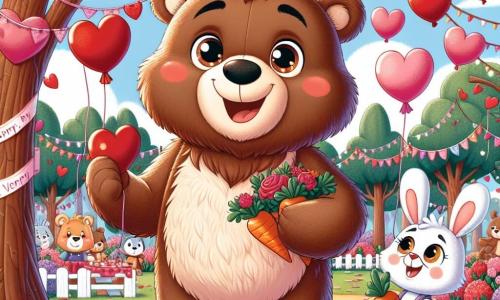 Un oso de peluche llamado Bonifacio, con un pelaje marrón y suave, y ojos brillantes de alegría, está decorando un parque para una fiesta de San Valentín. Cuelga globos rojos y rosas de las ramas de los árboles, sonriendo ampliamente y rebosante de entusiasmo. A su lado, una pequeña conejita llamada Lila, con pelaje blanco y orejas grandes, sostiene zanahorias de chocolate, saltando de felicidad. Ella mira a Bonifacio con admiración, lista para ayudarlo en los preparativos. El parque está lleno de flores coloridas, grandes árboles de hojas verdes y un cielo azul brillante. Guirnaldas de corazones de papel flotan en el aire, creando un ambiente festivo y cálido. La escena muestra a Bonifacio y Lila preparando una gran fiesta, rodeados de decoraciones alegres, mientras otros amigos animales se reúnen para celebrar la amistad y el amor.
