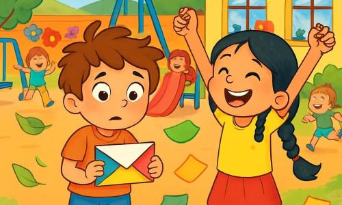 Un niño de 6 años, con ojos marrones brillantes y cabello castaño desordenado, se encuentra en el centro de la imagen, luciendo emocionado y un poco preocupado, sosteniendo una carta colorida en sus manos. A su lado, su mejor amiga, Lucía, una niña de 6 años con largas trenzas negras y una sonrisa radiante, lo anima con entusiasmo, con los brazos levantados en señal de victoria. El escenario es un patio escolar soleado, lleno de juegos coloridos, flores de papel colgadas en las paredes y niños jugando alegremente a su alrededor. La situación principal muestra a Carlos y Lucía buscando una carta perdida, con hojas volando a su alrededor, mientras una suave brisa hace danzar los papeles coloridos.