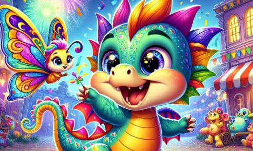 Ilustración que representa un pequeño dragón colorido, con escamas brillantes de todos los colores del arcoíris. Tiene grandes ojos chispeantes de alegría y una sonrisa radiante, bailando con entusiasmo en medio de una fiesta. A su lado, una mariposa delicada con alas translúcidas y coloridas, expresando gran emoción, vuela a su alrededor haciendo piruetas alegres. El decorado se sitúa en un pueblo mágico, donde las calles están adornadas con serpentinas multicolores, faroles brillantes y flores vibrantes. Criaturas fantásticas, como hadas y trolls, animan el ambiente festivo, mientras fuegos artificiales iluminan el cielo nocturno. La situación principal muestra al dragón y la mariposa bailando juntos, buscando una estrella dorada escondida entre las decoraciones del carnaval, llenos de entusiasmo y curiosidad. Confetis de colores flotan en el aire y risas resuenan a su alrededor, creando una atmósfera de alegría y magia.