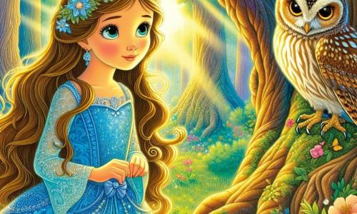 La principessa Isabella, una ragazza di circa 12 anni, ha lunghi capelli ondulati castano chiaro, decorati con piccoli fiori bianchi. Indossa un abito blu brillante che risplende come il cielo, e il suo volto esprime determinazione e meraviglia mentre si trova davanti a un maestoso albero antico, il cuore della foresta. Accanto a lei, un gufo saggio, con grandi occhi dorati e piumaggio marrone maculato, si posa su un ramo basso, osservando Isabella con benevolenza, pronto a darle consigli. Il paesaggio è una foresta incantata, con alberi enormi dai tronchi nodosi, foglie verde smeraldo scintillanti e fiori colorati che danzano al vento. Un dolce raggio di luce filtra tra i rami, illuminando il volto di Isabella e creando un'atmosfera magica. La scena principale mostra Isabella, pronta a toccare il cuore luminoso dell'albero, simbolo del suo coraggio e della sua ricerca per dimostrare il suo valore.
