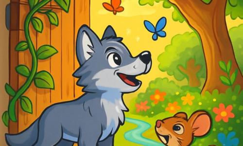 Ein junger Wolf namens Lupo mit glänzenden Augen und seidig grauem Fell steht vor einem riesigen Holztor, das mit grünen Lianen geschmückt ist. Sein Gesichtsausdruck zeigt Staunen und Aufregung. Er schnuppert die frische Luft, bereit, in den geheimen Garten einzutreten. Neben ihm steht eine kleine Maus namens Mimi mit braunem Fell und großen Ohren, die neugierig schaut, während sie auf ihren Hinterbeinen steht, bereit, Lupo auf dem Abenteuer zu folgen. Der Ort ist ein versteckter Garten, durchflutet von goldenem Licht, gefüllt mit leuchtenden Blumen, knorrigen großen Bäumen und glitzernden Bächen, die sich zwischen den Sträuchern schlängeln. Die Hauptszene zeigt Lupo und Mimi, die bereit sind, die Wunder des Gartens zu entdecken, während bunte Schmetterlinge um sie tanzen und eine sanfte Brise die Blätter rascheln lässt, was eine magische Atmosphäre voller Abenteuer verspricht.