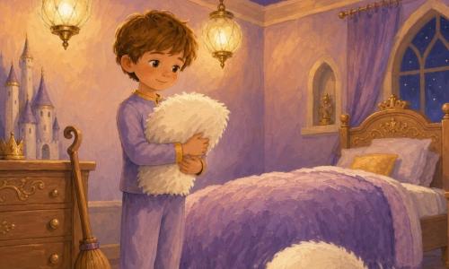 Milo is a serene 6-year-old boy with short light brown hair and hazel eyes, smiling as he holds a fluffy white pillow to his chest and carefully replaces it beside his bed; no other people are present, a rounded companion pillow rolls near the foot of the bed, a small wooden dustbrush leans against the dresser, and two glass lanterns hang from the ceiling casting soft amber light over a palace-like bedroom in lavender and honey tones with gradient pink-lavender walls, a dotted-star ceiling, a cream plush rug and a lavender pleated cover—a calm, pre-bedtime scene focused on Milo and the pillow, with slow, attentive gestures, visible textures and a warm, soothing palette with touches of gold.